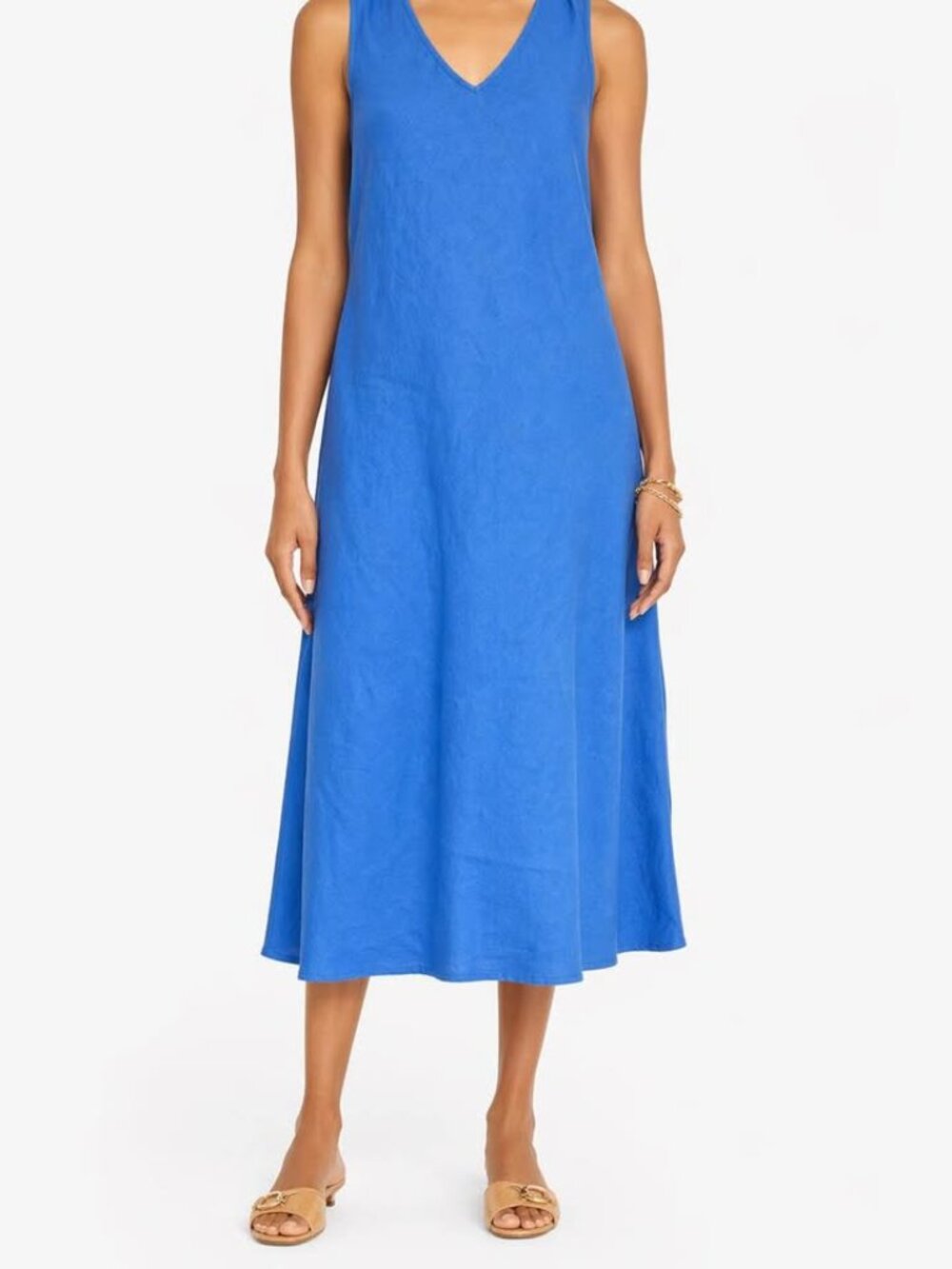 Linen Cape Cod Flowy Breezy Coastal Blue Midi Summer Sleeveless Dress [size L]